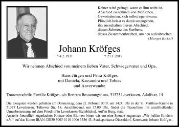 Anzeige von Johann Kröfges von Kölner Stadt-Anzeiger / Kölnische Rundschau / Express