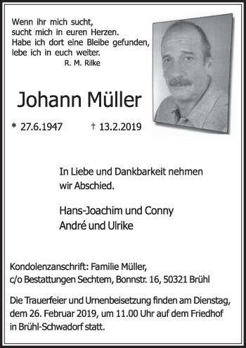 Anzeige von Johann Müller von  Schlossbote/Werbekurier 