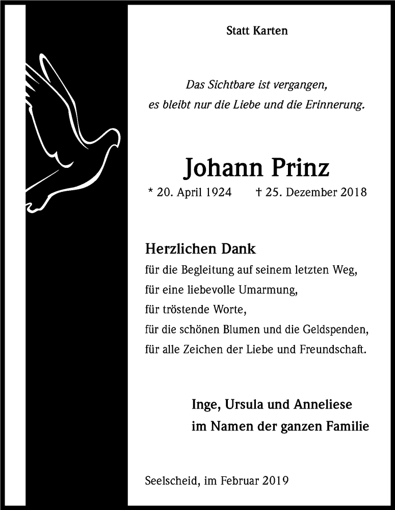  Traueranzeige für Johann Prinz vom 23.02.2019 aus Kölner Stadt-Anzeiger / Kölnische Rundschau / Express