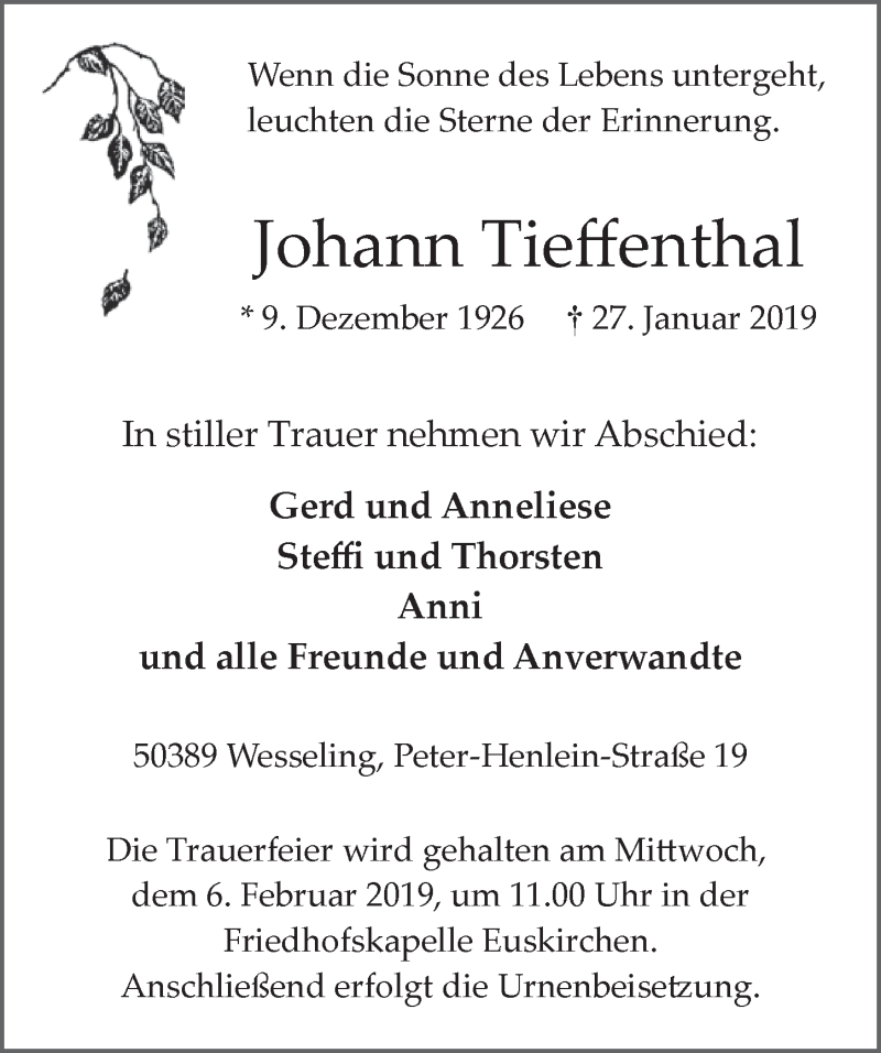  Traueranzeige für Johann Tieffenthal vom 02.02.2019 aus  Blickpunkt Euskirchen 