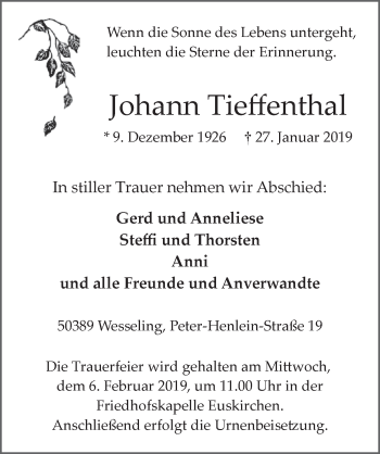 Anzeige von Johann Tieffenthal von  Blickpunkt Euskirchen 