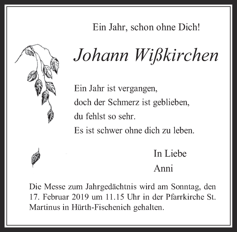 Traueranzeige für Johann Wißkirchen vom 13.02.2019 aus  Wochenende 