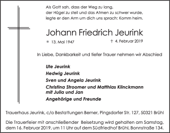 Anzeige von Johann Friedrich Jeurink von  Schlossbote/Werbekurier 