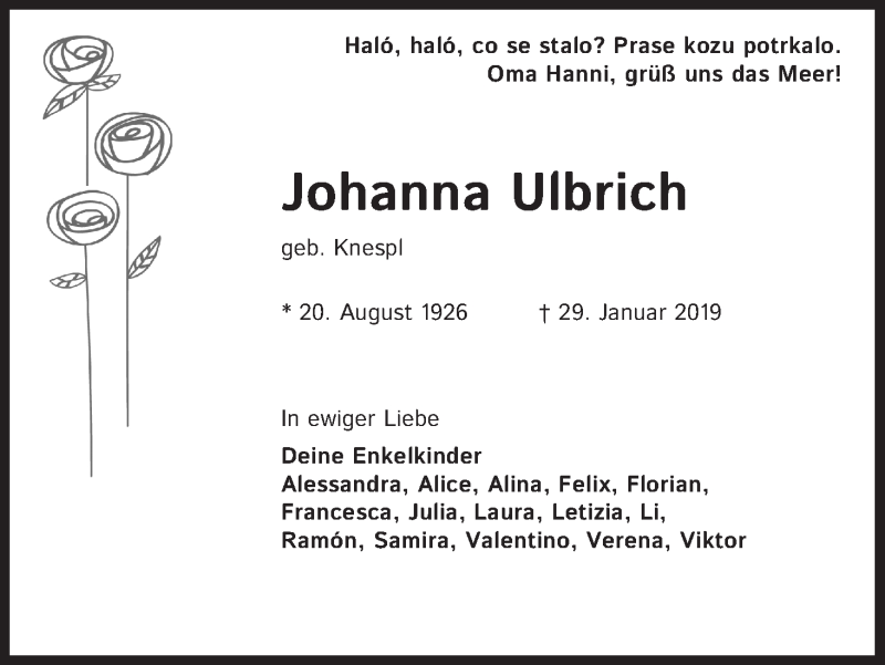  Traueranzeige für Hanni Ulbrich vom 02.02.2019 aus Kölner Stadt-Anzeiger / Kölnische Rundschau / Express