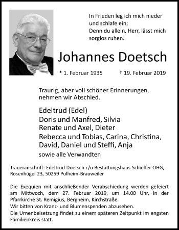 Anzeige von Johannes Doetsch von Kölner Stadt-Anzeiger / Kölnische Rundschau / Express