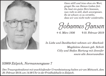 Anzeige von Johannes Jansen von  Blickpunkt Euskirchen 
