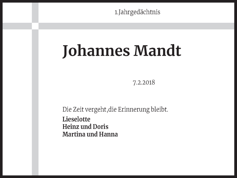  Traueranzeige für Johannes Mandt vom 09.02.2019 aus Kölner Stadt-Anzeiger / Kölnische Rundschau / Express
