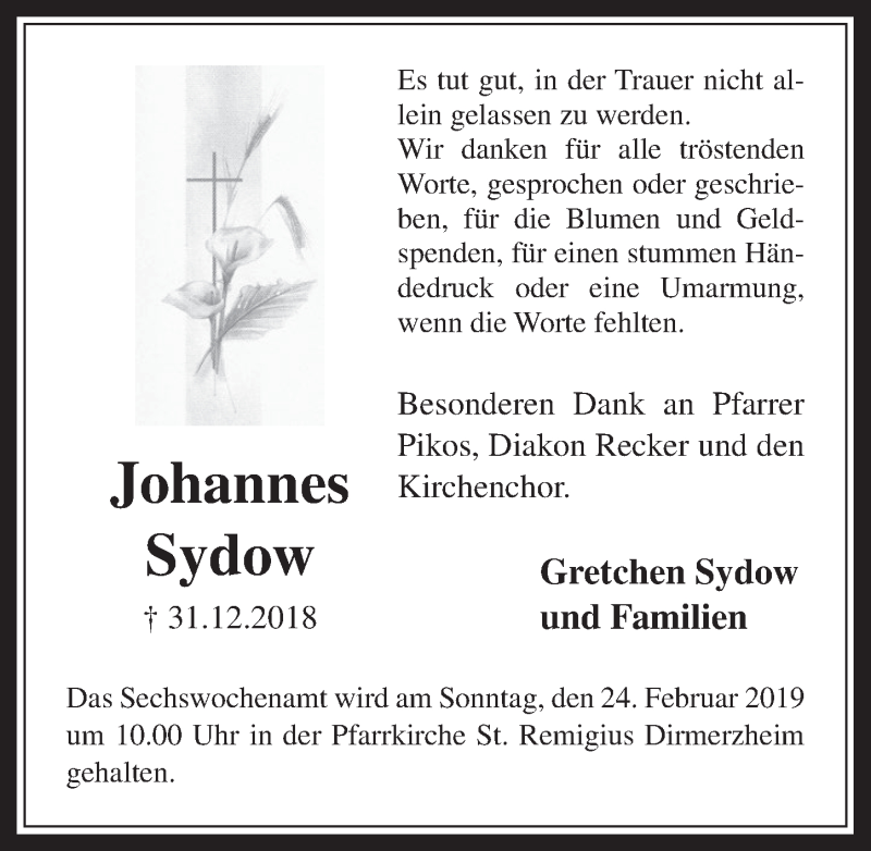  Traueranzeige für Johannes Sydow vom 06.02.2019 aus  Werbepost 