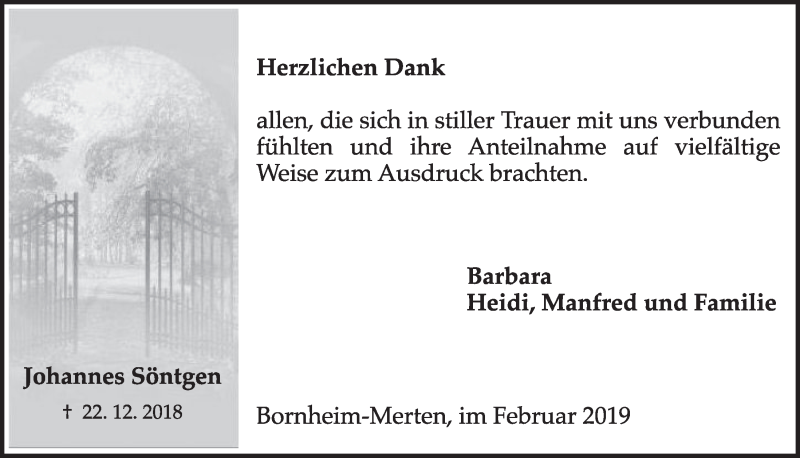  Traueranzeige für Johannes Söntgen vom 13.02.2019 aus  Schlossbote/Werbekurier 