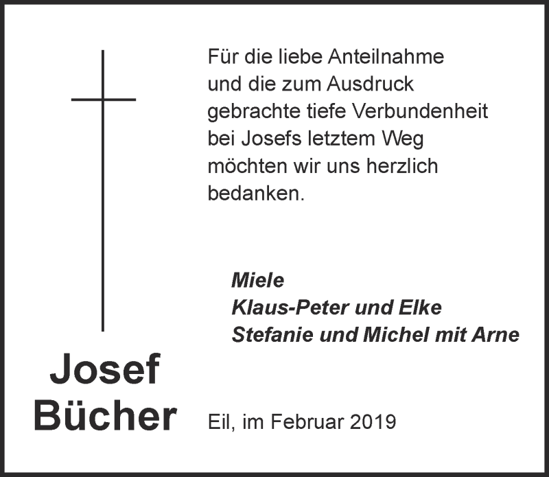  Traueranzeige für Josef Bücher vom 13.02.2019 aus  Kölner Wochenspiegel 