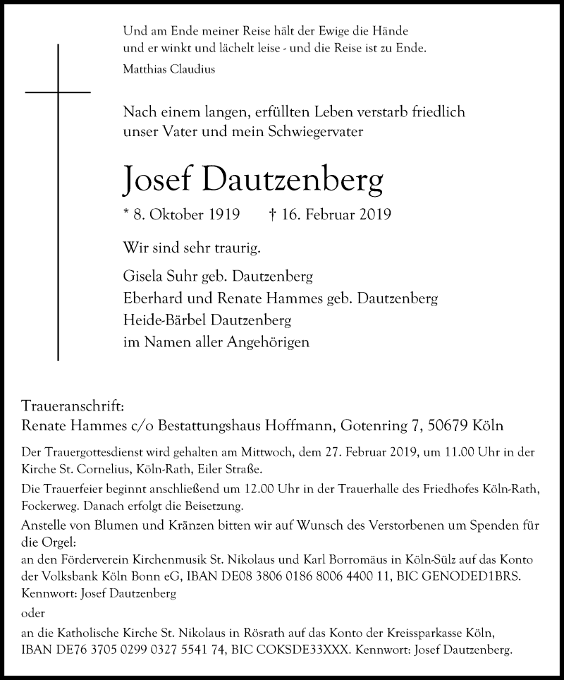  Traueranzeige für Josef Dautzenberg vom 23.02.2019 aus Kölner Stadt-Anzeiger / Kölnische Rundschau / Express