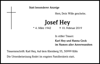 Anzeige von Josef Hey von Kölner Stadt-Anzeiger / Kölnische Rundschau / Express