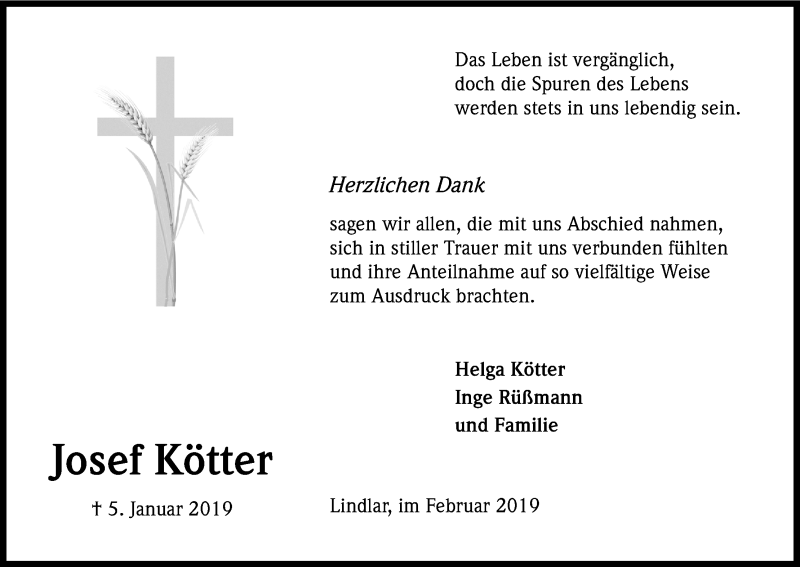  Traueranzeige für Josef Kötter vom 23.02.2019 aus Kölner Stadt-Anzeiger / Kölnische Rundschau / Express