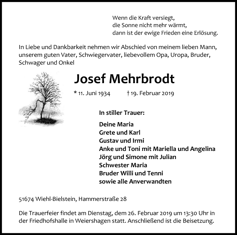  Traueranzeige für Josef Mehrbrodt vom 23.02.2019 aus Kölner Stadt-Anzeiger / Kölnische Rundschau / Express