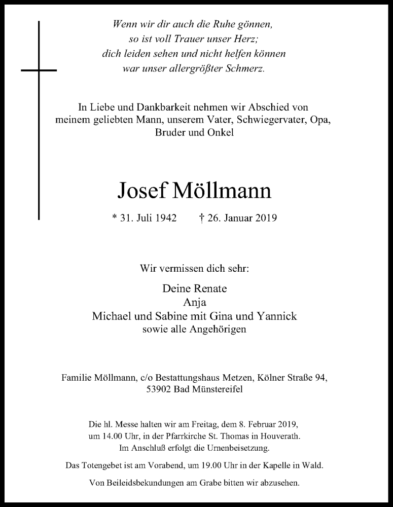  Traueranzeige für Josef Möllmann vom 02.02.2019 aus Kölner Stadt-Anzeiger / Kölnische Rundschau / Express