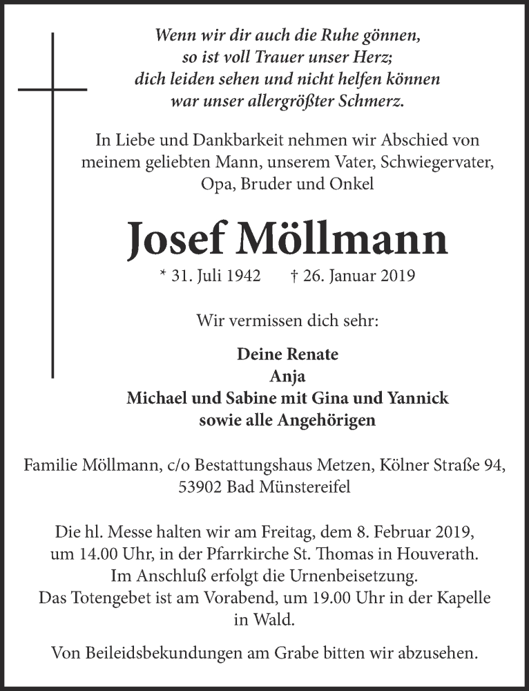  Traueranzeige für Josef Möllmann vom 02.02.2019 aus  Blickpunkt Euskirchen 