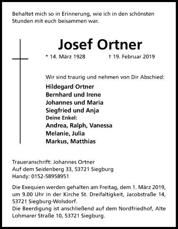 Anzeige von Josef Ortner von Kölner Stadt-Anzeiger / Kölnische Rundschau / Express