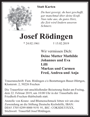 Anzeige von Josef Rödingen von  Wochenende 