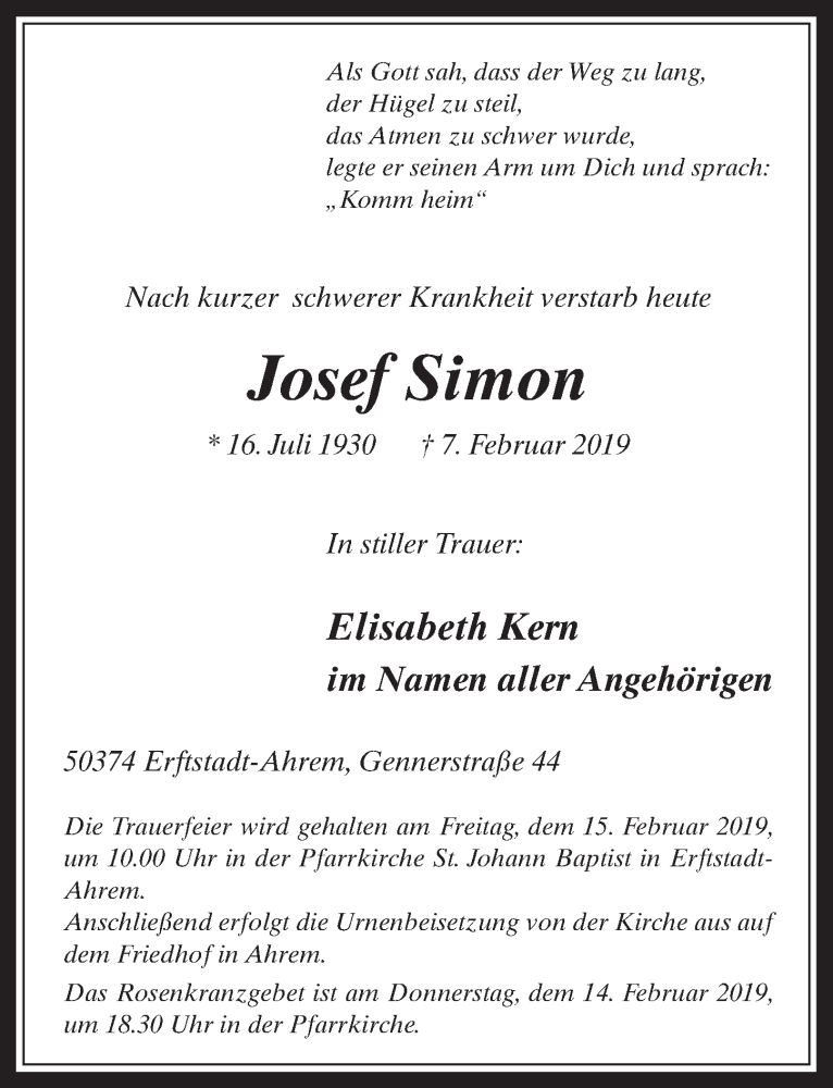  Traueranzeige für Josef Simon vom 13.02.2019 aus  Werbepost 