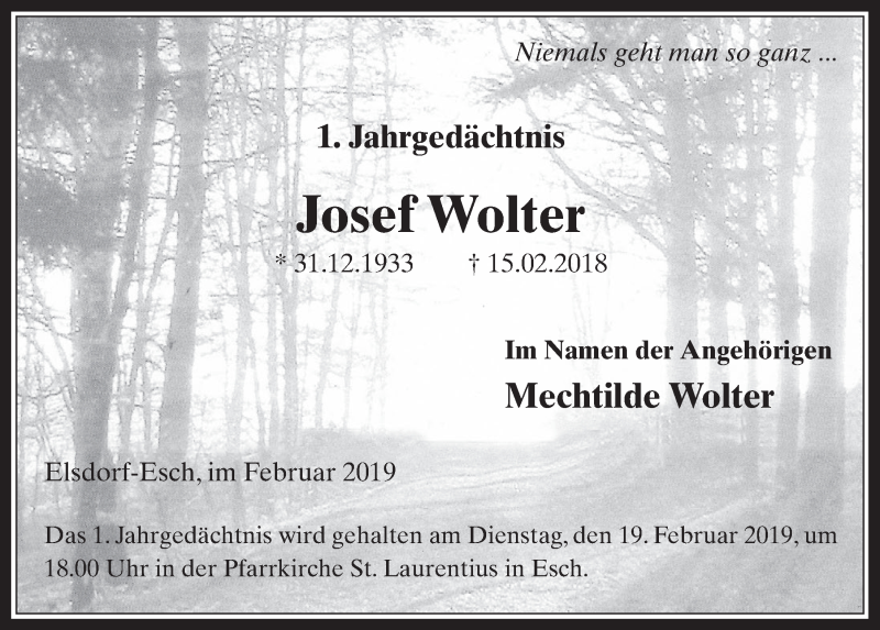  Traueranzeige für Josef Wolter vom 13.02.2019 aus  Werbepost 