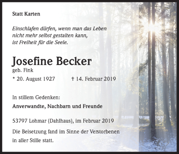Anzeige von Josefine Becker von Kölner Stadt-Anzeiger / Kölnische Rundschau / Express