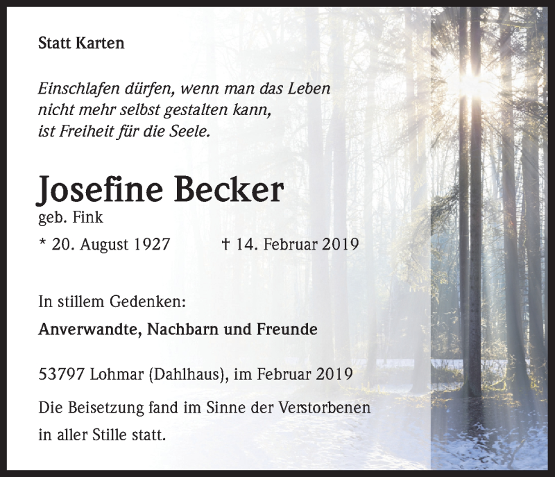  Traueranzeige für Josefine Becker vom 23.02.2019 aus Kölner Stadt-Anzeiger / Kölnische Rundschau / Express