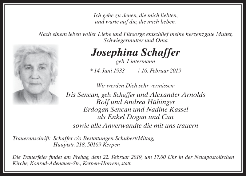  Traueranzeige für Josephina Schaffer vom 20.02.2019 aus  Werbepost 
