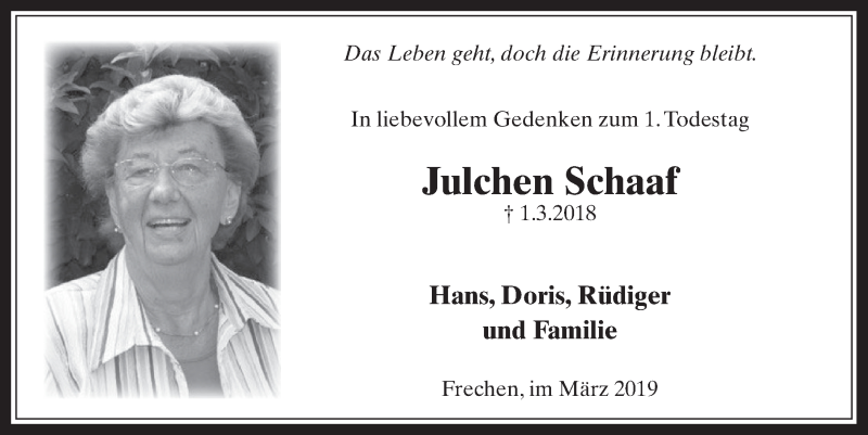  Traueranzeige für Julchen Schaaf vom 27.02.2019 aus  Wochenende 