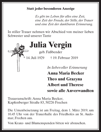 Anzeige von Julia Vergin von  Wochenende 