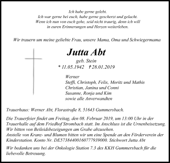 Anzeige von Jutta Abt von Kölner Stadt-Anzeiger / Kölnische Rundschau / Express