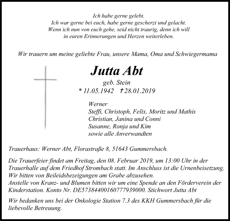  Traueranzeige für Jutta Abt vom 02.02.2019 aus Kölner Stadt-Anzeiger / Kölnische Rundschau / Express