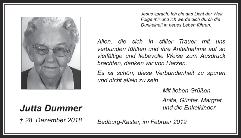  Traueranzeige für Jutta Dummer vom 06.02.2019 aus  Werbepost 