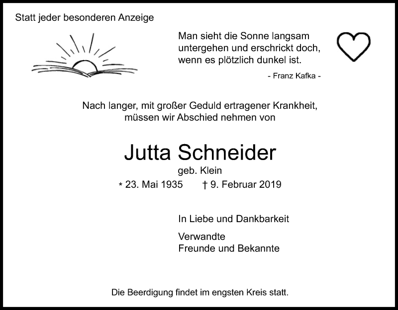  Traueranzeige für Jutta Schneider vom 16.02.2019 aus Kölner Stadt-Anzeiger / Kölnische Rundschau / Express