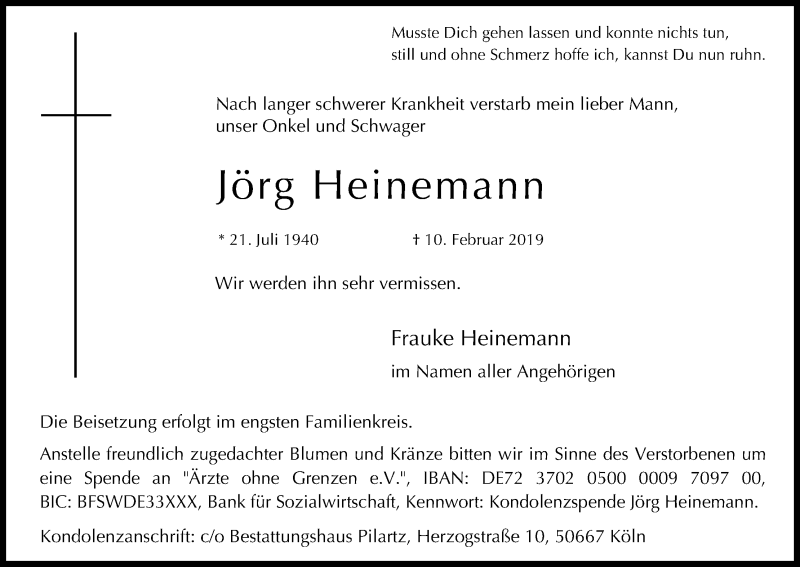 Traueranzeige für Jörg Heinemann vom 16.02.2019 aus Kölner Stadt-Anzeiger / Kölnische Rundschau / Express
