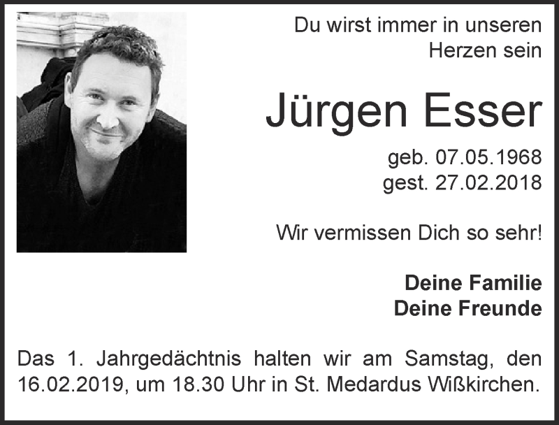  Traueranzeige für Jürgen Esser vom 09.02.2019 aus  Blickpunkt Euskirchen 