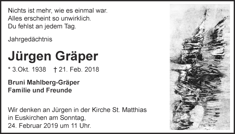  Traueranzeige für Jürgen Gräper vom 16.02.2019 aus  Blickpunkt Euskirchen 