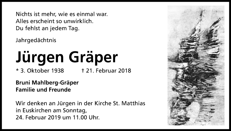  Traueranzeige für Jürgen Gräper vom 16.02.2019 aus Kölner Stadt-Anzeiger / Kölnische Rundschau / Express
