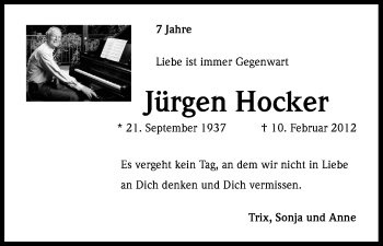 Anzeige von Jürgen Hocker von Kölner Stadt-Anzeiger / Kölnische Rundschau / Express