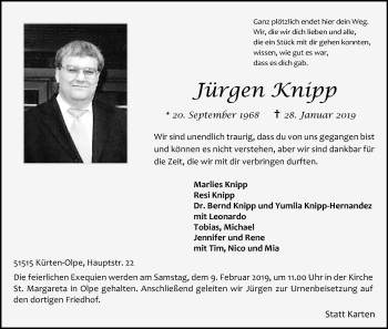 Anzeige von Jürgen Knipp von Kölner Stadt-Anzeiger / Kölnische Rundschau / Express