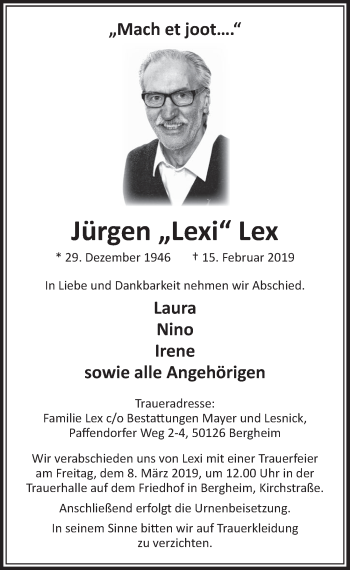 Anzeige von Jürgen Lex von  Sonntags-Post 