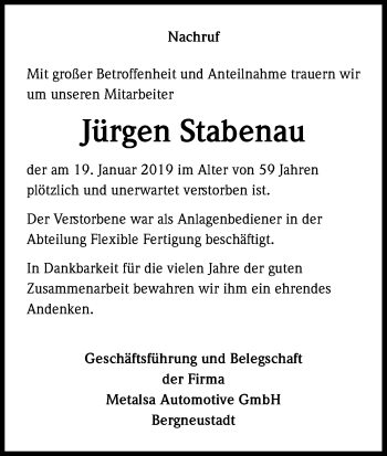 Anzeige von Jürgen Stabenau von Kölner Stadt-Anzeiger / Kölnische Rundschau / Express