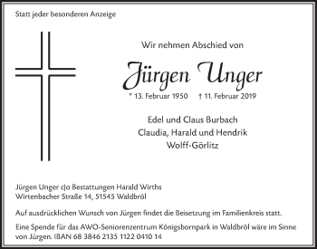 Anzeige von Jürgen Unger von  Lokalanzeiger 