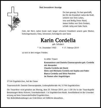 Anzeige von Karin Cordella von Kölner Stadt-Anzeiger / Kölnische Rundschau / Express