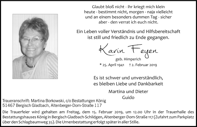  Traueranzeige für Karin Feyen vom 09.02.2019 aus  Bergisches Sonntagsblatt 
