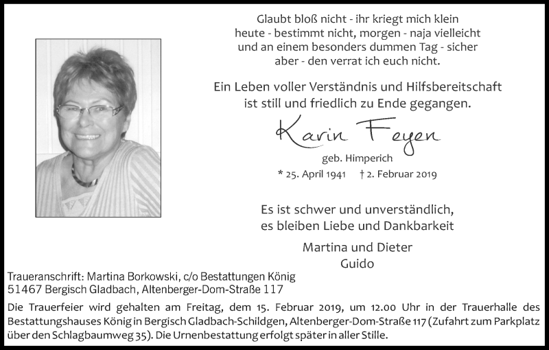  Traueranzeige für Karin Feyen vom 09.02.2019 aus Kölner Stadt-Anzeiger / Kölnische Rundschau / Express
