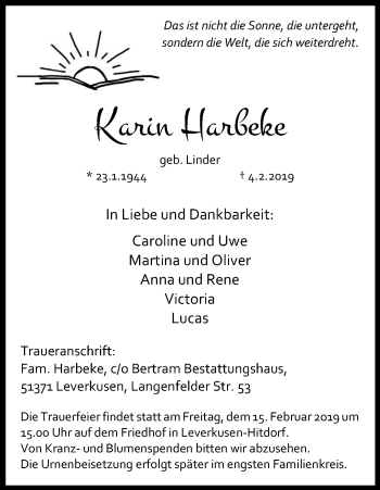 Anzeige von Karin Harbeke von Kölner Stadt-Anzeiger / Kölnische Rundschau / Express