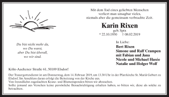 Anzeige von Karin Rixen von  Werbepost 