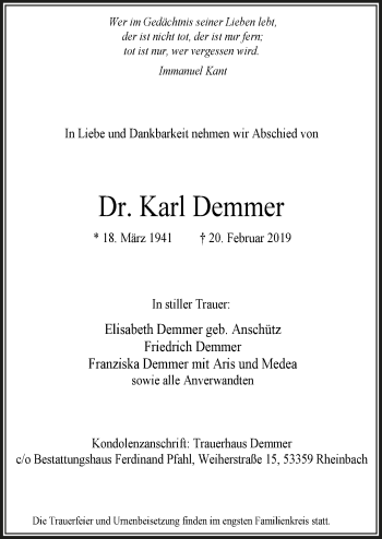 Anzeige von Karl Demmer von  Schaufenster/Blickpunkt 