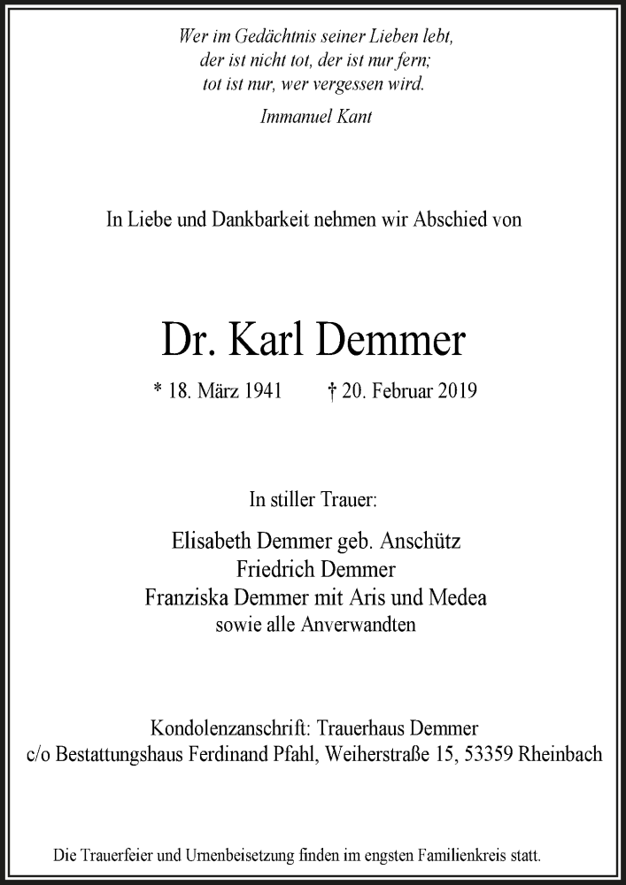 Traueranzeige für Karl Demmer vom 27.02.2019 aus  Schaufenster/Blickpunkt 