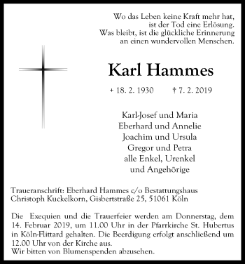 Anzeige von Karl Hammes von Kölner Stadt-Anzeiger / Kölnische Rundschau / Express